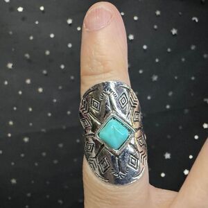Synthetic Turquoise Statement Ring Size 5.25, Silver Tone Wide Shield Ring